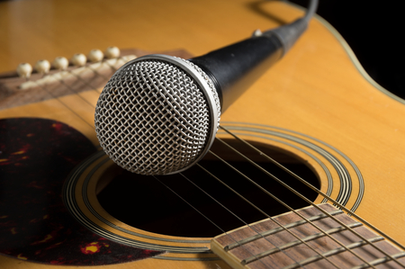 Microphone on acoustic guitar,music instrument.の写真素材