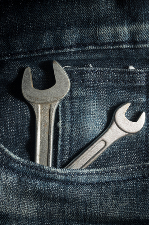 Metal wrench in worker pocket,still life.の写真素材