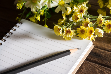 Pencil and book with flowers,still life.の写真素材