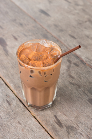 Iced chocolate on wood table,food and drink.の写真素材