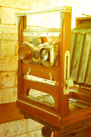 Vintage wooden large format camera,vintage filtered.