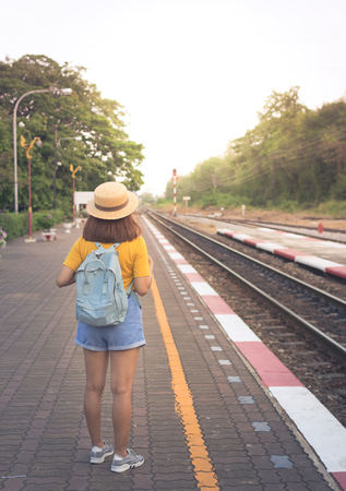 Traveler waiting train at platform.の写真素材
