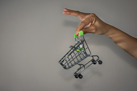 Woman holding small shopping cart in hand.