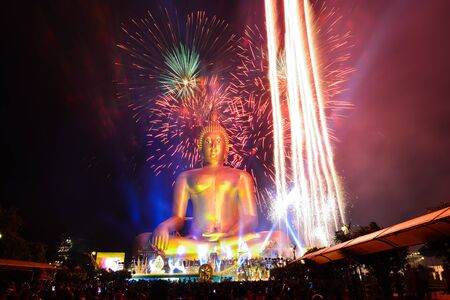 Firework and buddhaの写真素材