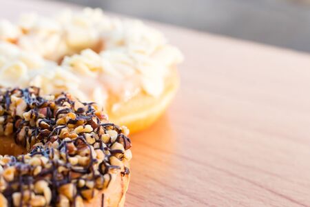 Donuts on wooden backgroundの写真素材
