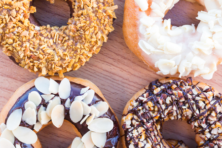 Donuts on wooden backgroundの写真素材