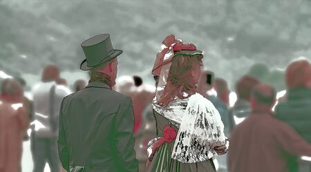 Couple in clothes of the 19th century. It seems like time travelers, as all others are clothed latter day. Art work.の写真素材