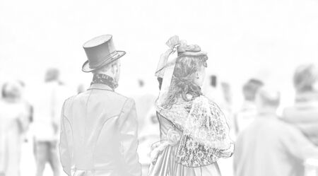 Couple in clothes of the 19th century. It seems like time travelers, as all others are clothed latter day. Art work.の写真素材