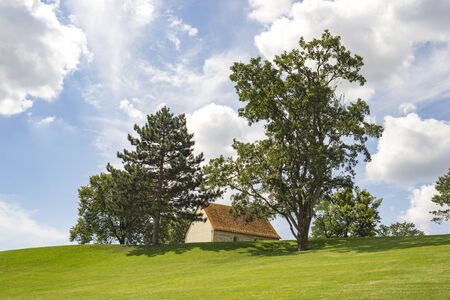 The meadows around the world cultural heritage monastery Lorsch in Hesse Germanyの写真素材