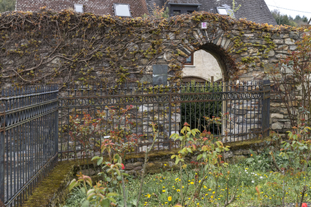 Medieval city of Herrstein, Hunsrueck, Germany, Rhineland-Palatinate. Wall and garden.の写真素材