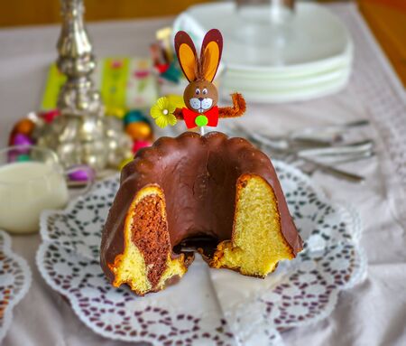 Marble cake with popped Easter bunnyの写真素材
