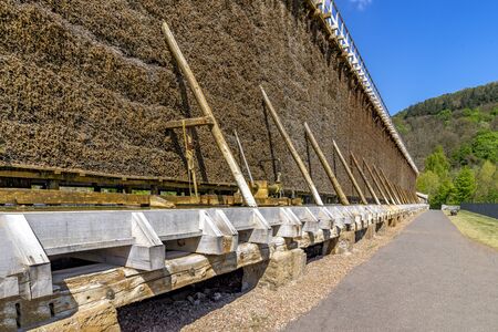 Salt production and air improvement. Europe's largest open air salt pans and open-air inhaler for health at the Salinental valley. Bad Kreuznach, Rhineland-Palatinate, Germanyの写真素材