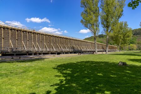 Salt production and air improvement. Europe's largest open air salt pans and open-air inhaler for health at the Salinental valley. Bad Kreuznach, Rhineland-Palatinate, Germanyの写真素材