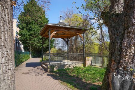 Pavilion along the promenade path along the Nahe River Bad Kreuznachの写真素材