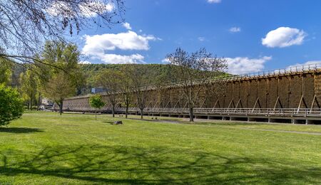 Salt production and air improvement. Europe's largest open air salt pans and open-air inhaler for health at the Salinental valley. Bad Kreuznach, Rhineland-Palatinate, Germanyの写真素材