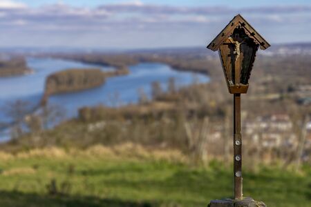 View of the Rhine above Bingen from the Rochus Chapel with crucifix, Rhinland Palatinate / Hesse, Germanyの写真素材