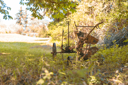 Ancient iron plough parked in nature in autumnの写真素材