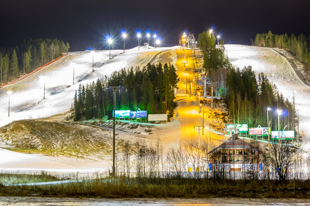 Ski village at night with slope lights, Himos, Finlandのeditorial素材