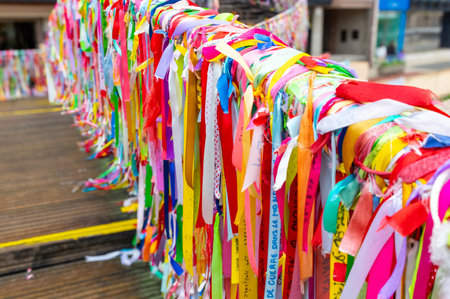 Colorful love ribbons on the bridge over portuguese venice in Aveiro Portugalの写真素材