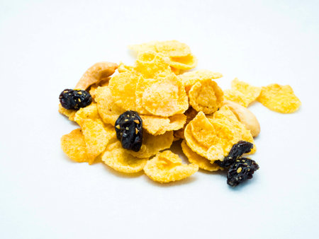 Cornflake, raisins and cashew mixの写真素材