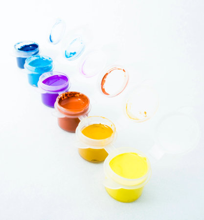 Water color in small paint buckets tubesの写真素材