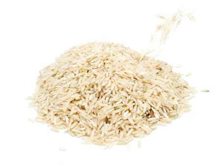 Brown rice on white backgroundの写真素材