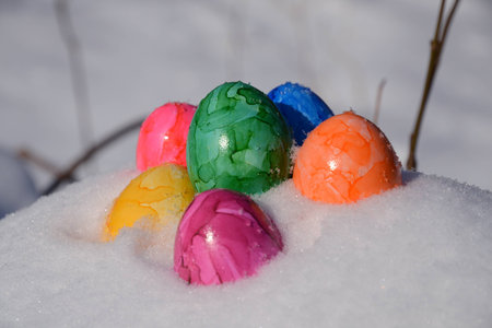 Easter eggs in the snowの写真素材