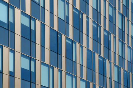 Glass building with golden stripesの写真素材