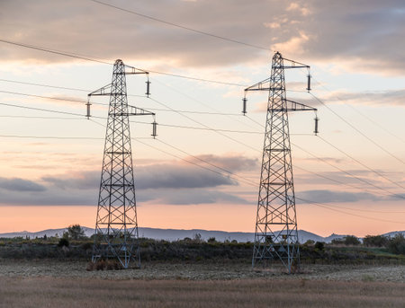 Sun setting behind a row of electricity pylons