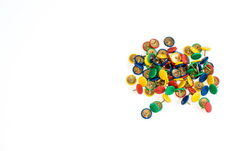 Set of push pins in different colors isolated on white background.の写真素材