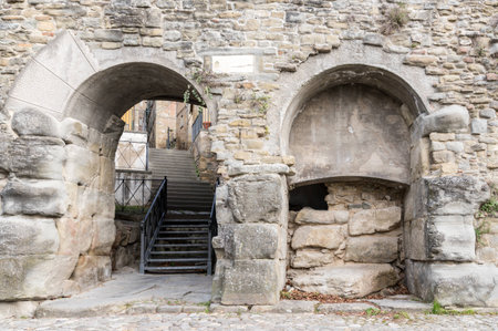 The ruins of the ancient walls of the city of Cortona in Tuscanyの写真素材