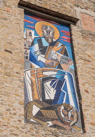 Mosaic of Jesus Christ in front of the Church in Cortona, Tuscany - Italyの写真素材