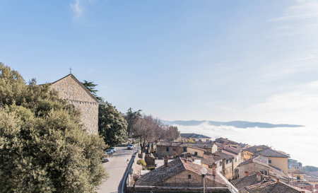 Cortona is located in a scenic hill between Tuscany and Umbria in Italyの写真素材