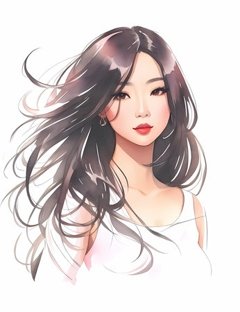 Watercolor asian woman. Painting fashion illustration. Hand drawn portrait of pretty girl on white backgroundのイラスト素材