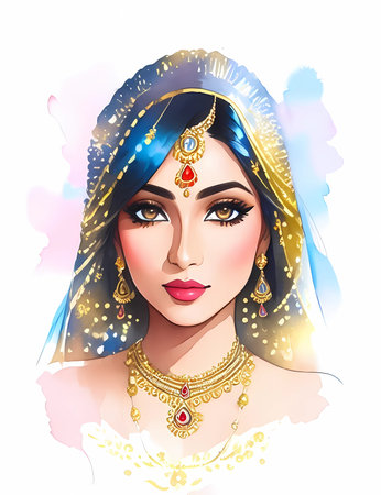 Watercolor indian woman. Painting fashion illustration. Hand drawn portrait of pretty girl on white backgroundのイラスト素材