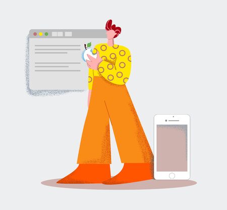 Creative male developer working on mobile app holding apple isolated at white backgroundのイラスト素材