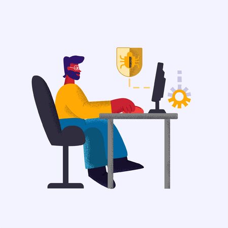Professional qa engineer checking system error catching bugs isolated at white backgroundのイラスト素材