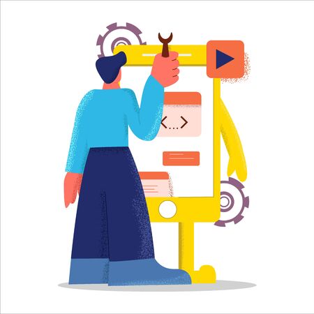 Abstract flat design male developer create mobile application vector illustration big limbs styleのイラスト素材