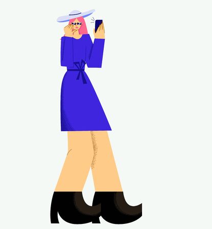 Vector illustration fashion girl in hat and sunglasses taking selfie using smartphone big limbs style. Glamour modern female making photo on mobile phone isolated at white backgroundのイラスト素材