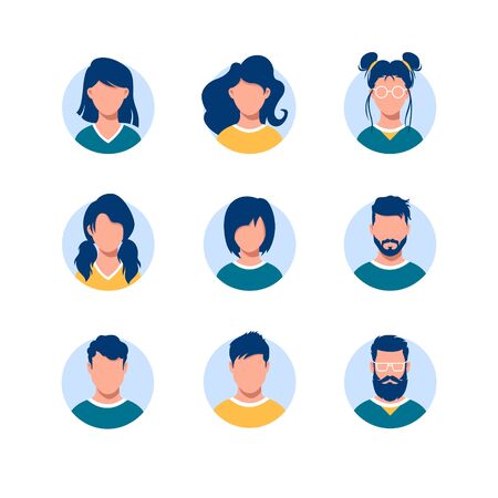 Bundle of round people avatars. Collection of portraits of men and women with different hairstyles in circular frames isolated on white background. Modern vector illustration in flat cartoon style.のイラスト素材