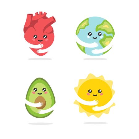 Collection of adorable funny cartoon characters with cute smiling faces and hands isolated on white background - heart, planet Earth, avocado, sun. Flat colorful vector illustration for children.のイラスト素材