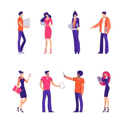 Set of business people working at office. Bundle of businessmen and businesswomen talking on phone, using laptop computer, making presentation, carrying documents. Flat cartoon vector illustration.のイラスト素材