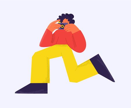 Funny male trendy photographer running taking photo using camera isolated at white backgroundのイラスト素材