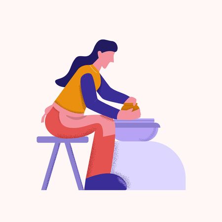 Female cartoon potter making pot of clay on potters wheel big limbs style side view. Woman character enjoying craft handmade creative process vector flat illustration isolated on whiteのイラスト素材