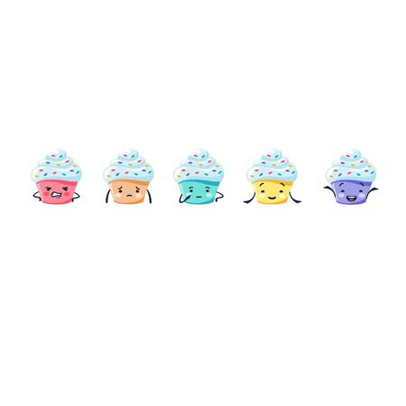Colorful cupcakes with whipped cream showing different emotions isolated on white. Appetizing cartoon desert symbol feedback set angry sign smile and good mood vector flat illustrationのイラスト素材