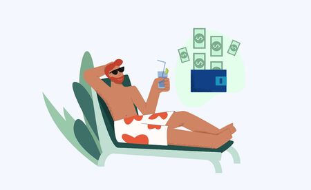 Relaxed male lying on deck chair with juice enjoying passive income vector flat illustration. Holiday man drinking cocktail on beach thinking about cash in wallet isolated on whiteのイラスト素材