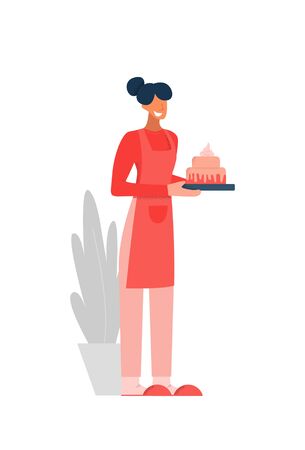Smiling domestic female character in apron holding home bakery cake isolated on white. Happy cartoon housewife having small business cooking baking dessert pie to order vector flat illustrationのイラスト素材