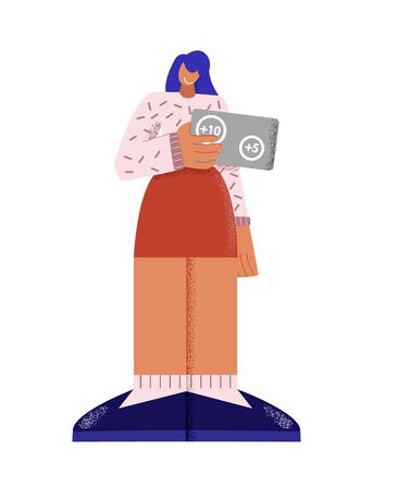 Smiling cartoon girl holding discount card with numbers for loyalty program vector flat illustration. Female character showing retail and rewards bonus coupon for priority customers big limbs styleのイラスト素材