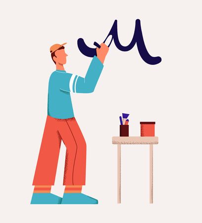 Casual male cartoon character artist drawing calligraphy inscription on wall isolated on white. Creative man painter enjoying art vector flat illustration big limbs styleのイラスト素材