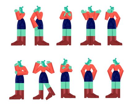 Female character showing person emotion and poses big limbs style isolated on white backgroundのイラスト素材